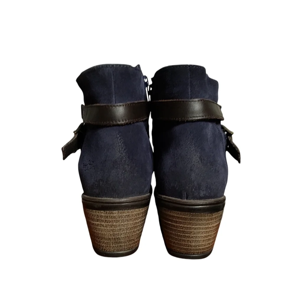 Women's Navy Suede Leather Ankle Boots with Brown Strap